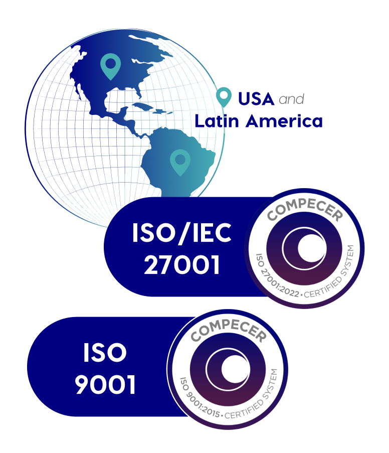 Imagen con Certificaciones ISO/IEC 27001 e ISO 9001 válidas para toda América Latina y EE.UU.